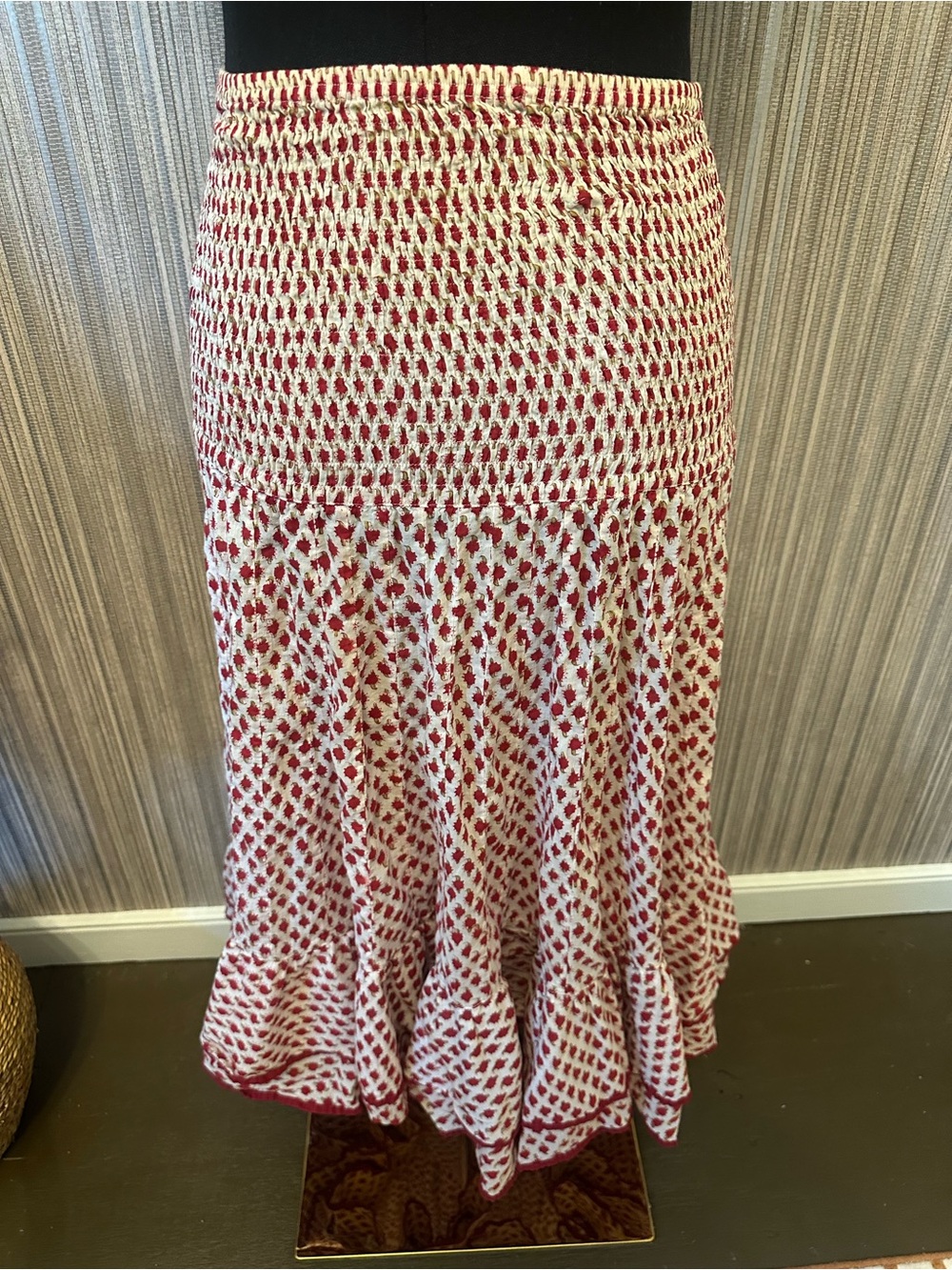 Trade Cloth Boho Cotton Midi Skirt Red White Block Print Smocked Waist Size M/L - Picture 5 of 9